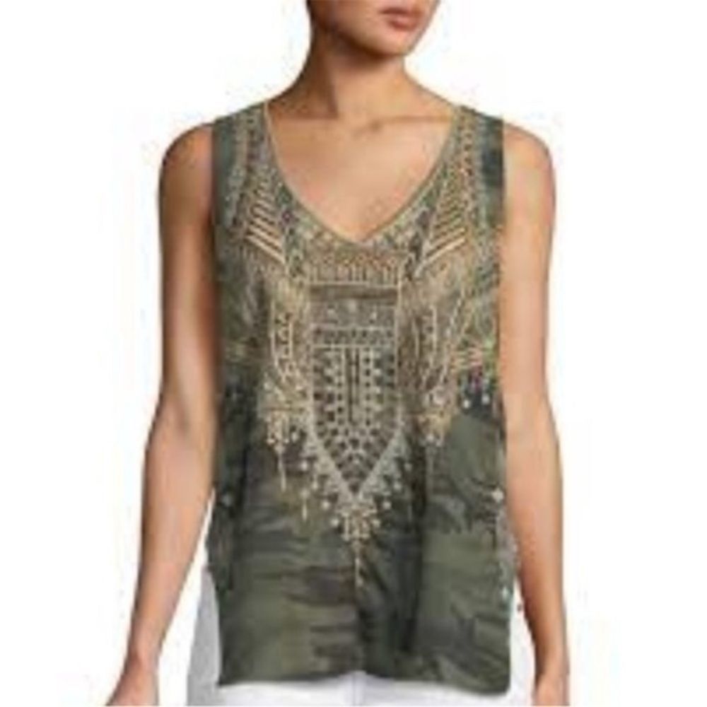 Johnny Was Workshop Camo Embroidered Tank Top Green Boho small